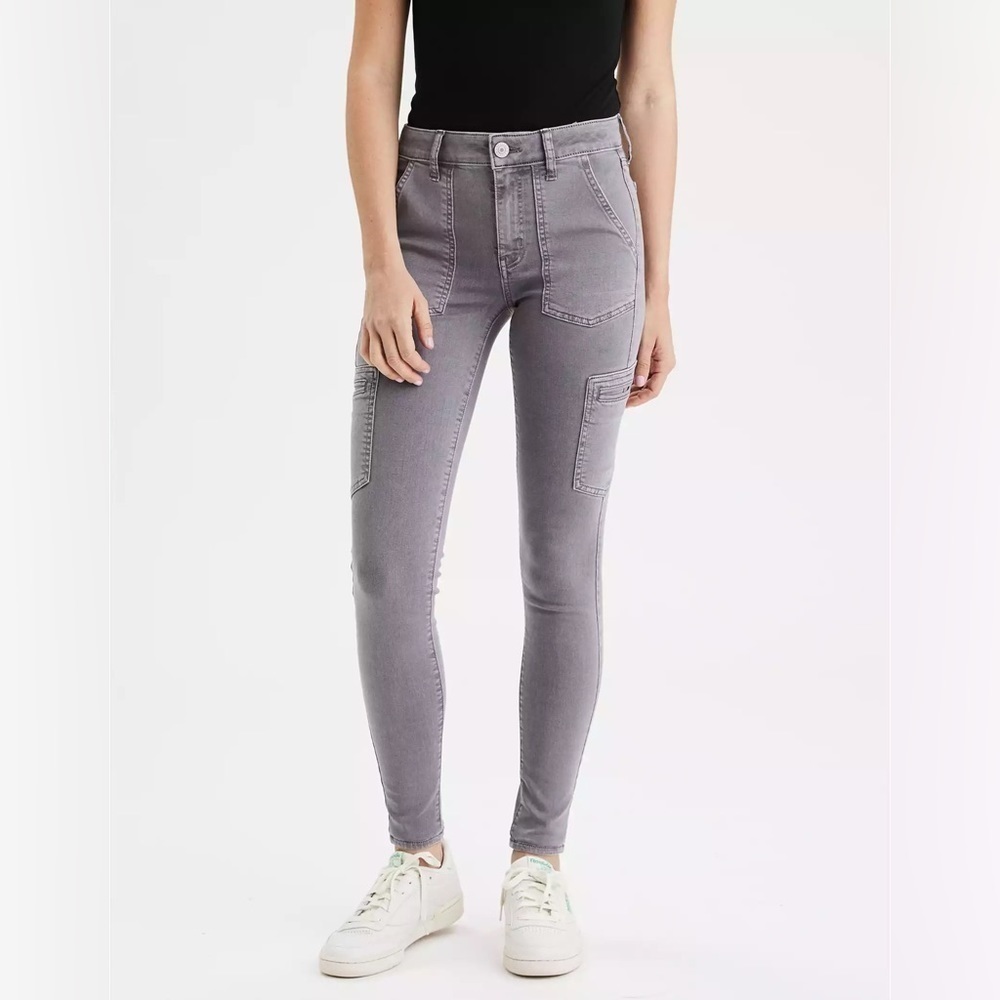 AE Next Level Stretch Hi-Rise Jegging Cargo Jeans in Rustic Blue, sz 2